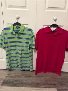 Polo by Ralph Lauren  Green & Blue Striped Polo + Pink Solid Polo (2-Pack)